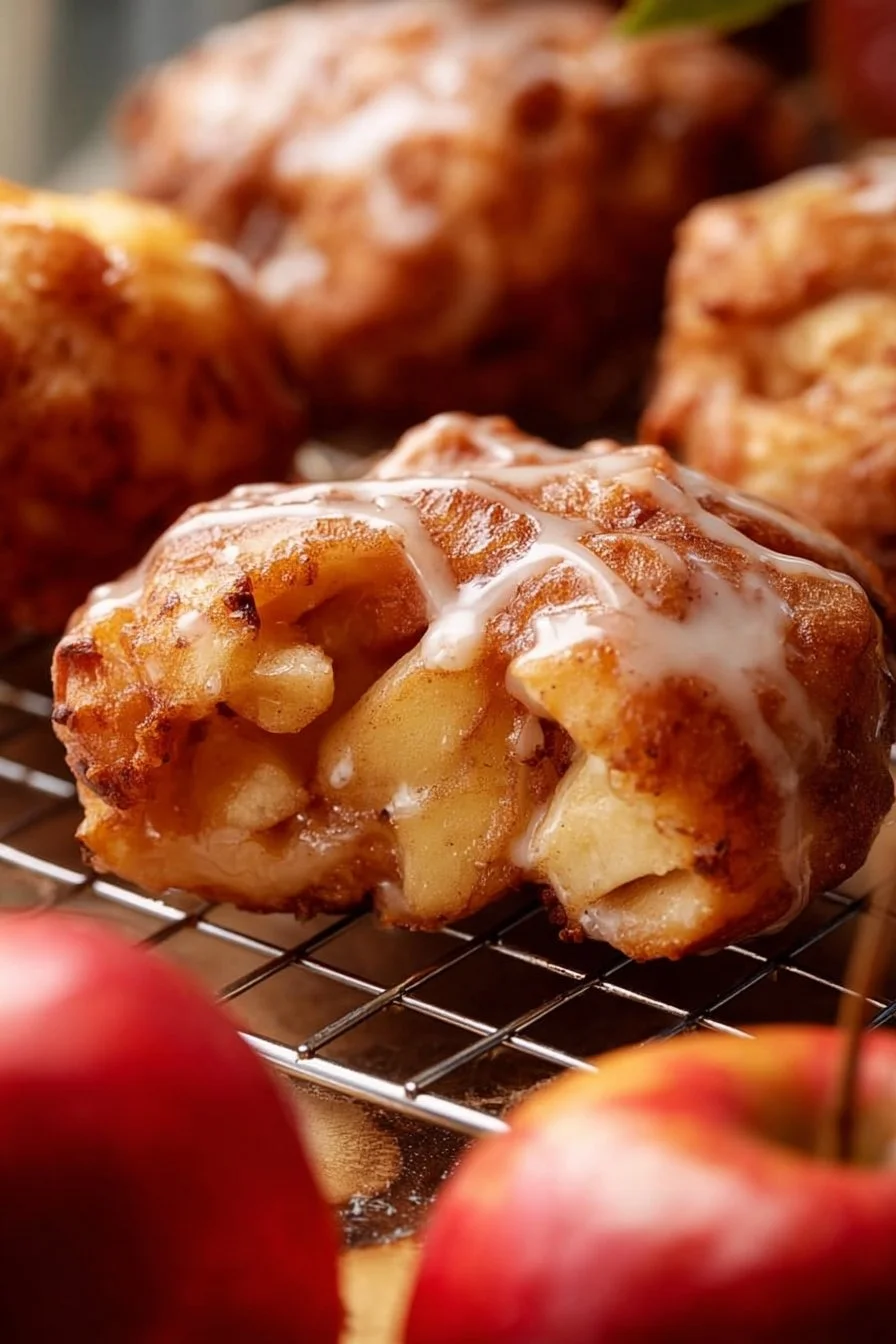 Delicious Air Fryer apple fritters topped with sweet glaze on a plate