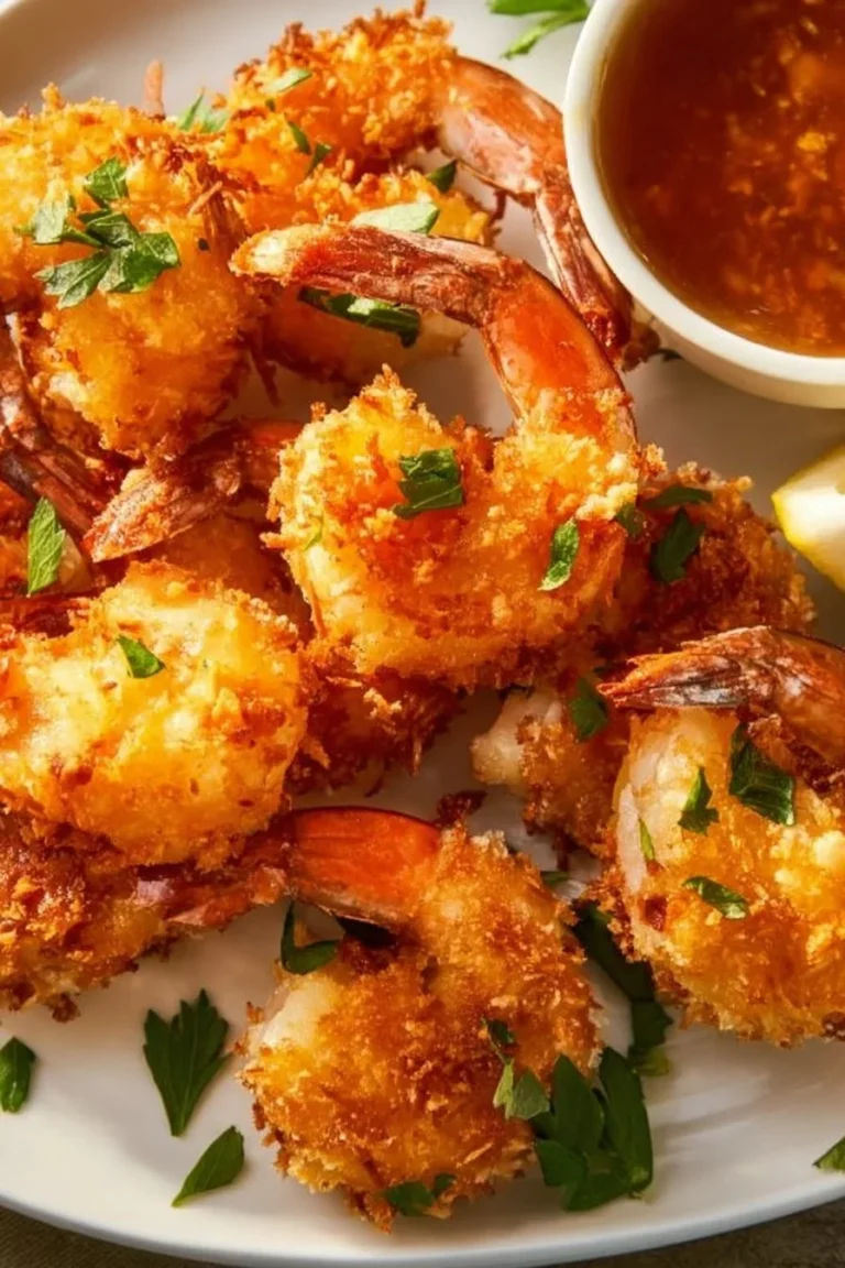 Crispy Air Fryer Coconut Shrimp on a plate with a dipping sauce