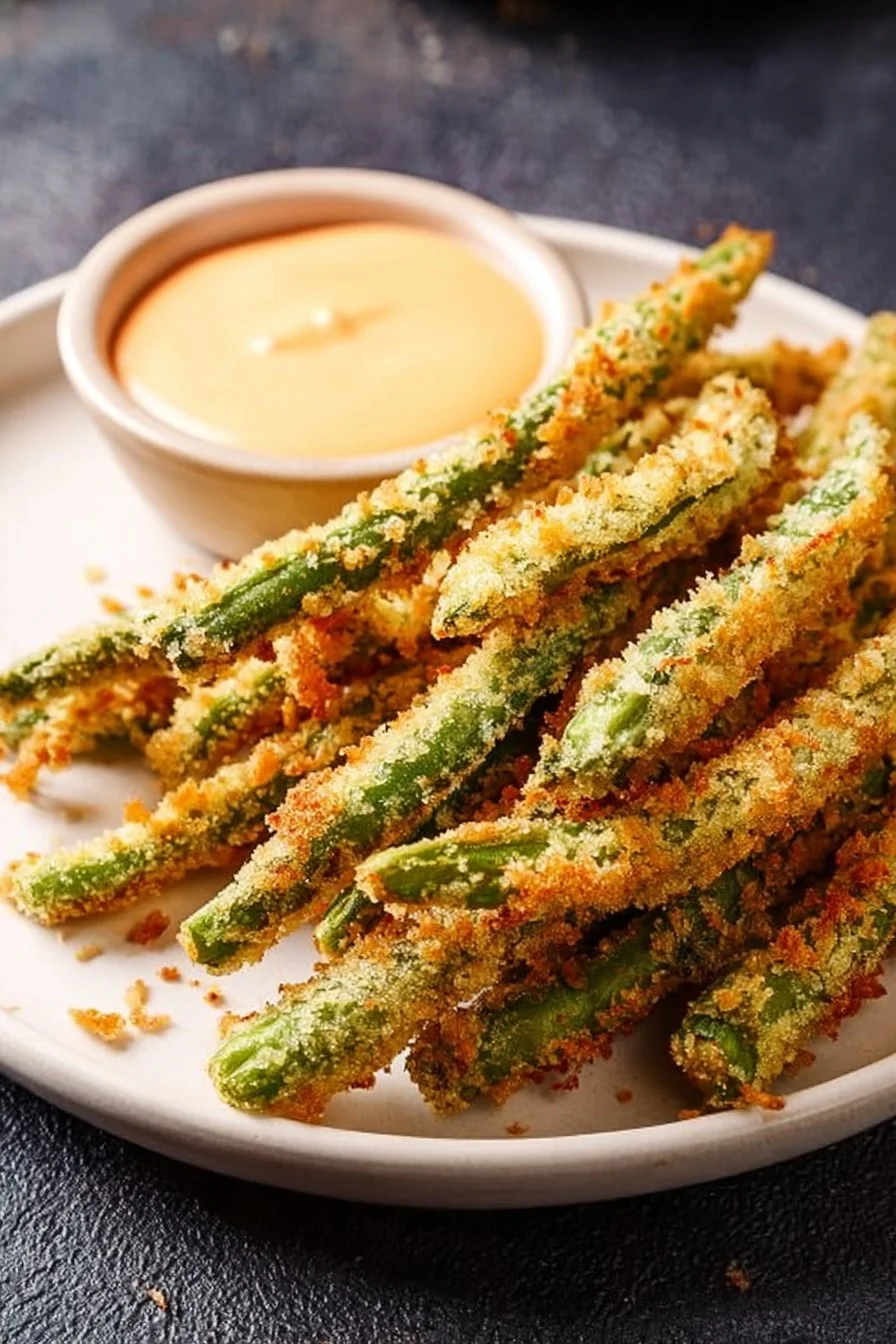 Crispy air fryer green bean fries served in a bowl with dipping sauce