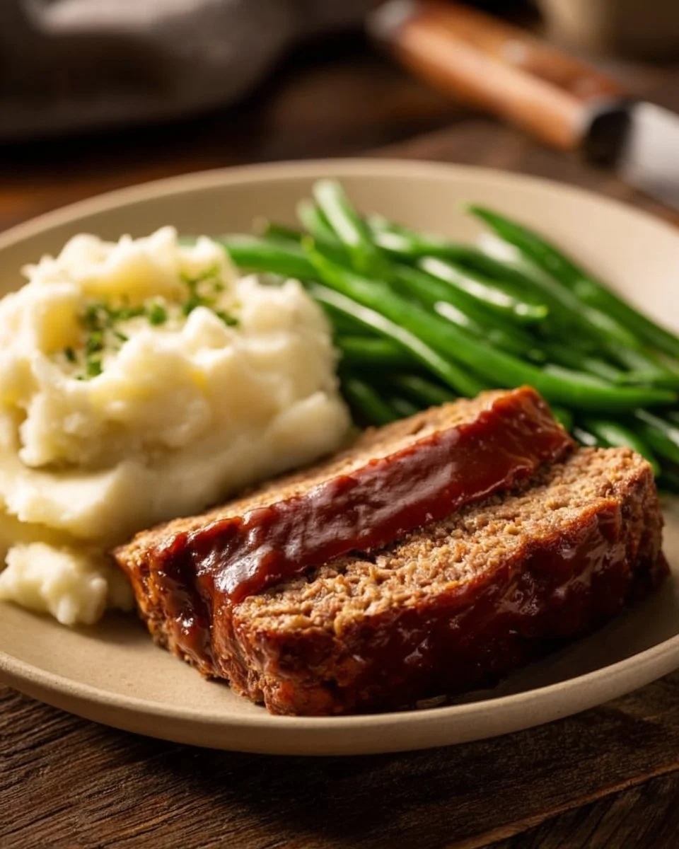 Delicious air fryer meatloaf served with a side of vegetables.