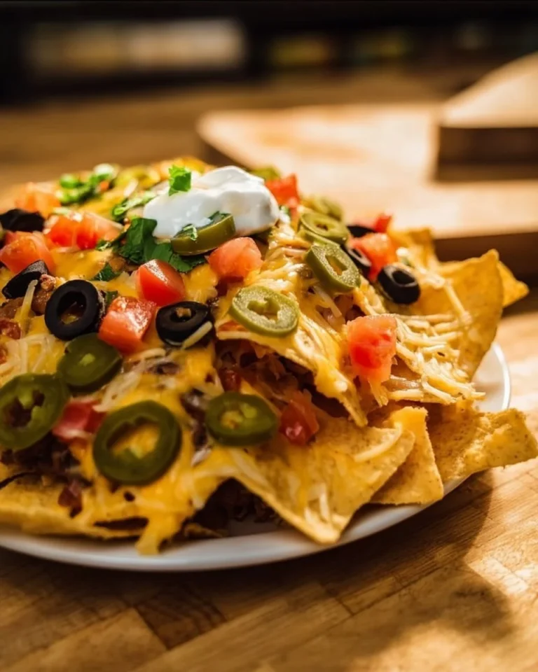 Plate of crispy Air Fryer Nachos topped with cheese, jalapeños, and salsa.