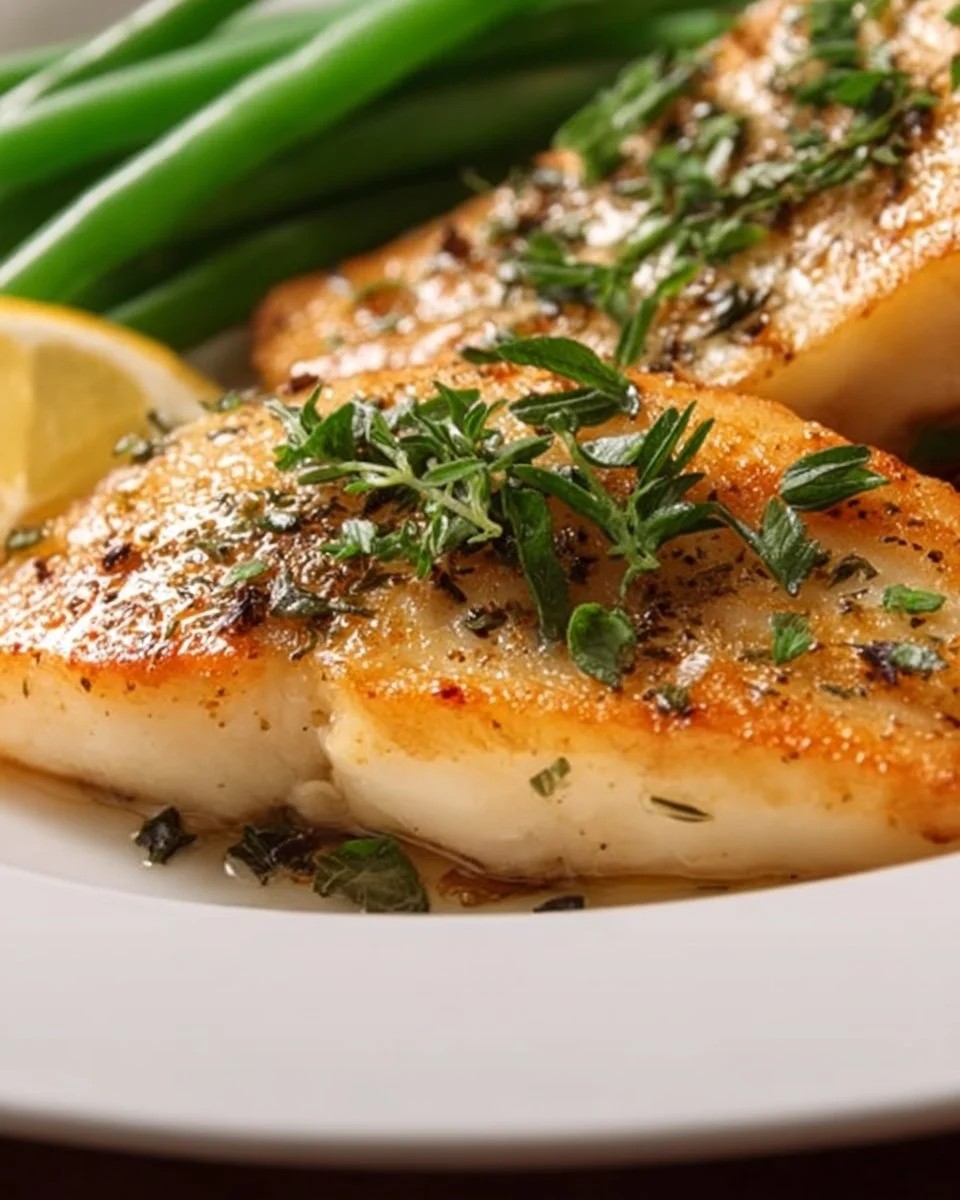 Crispy Air Fryer Orange Roughy served with lemon and fresh herbs.