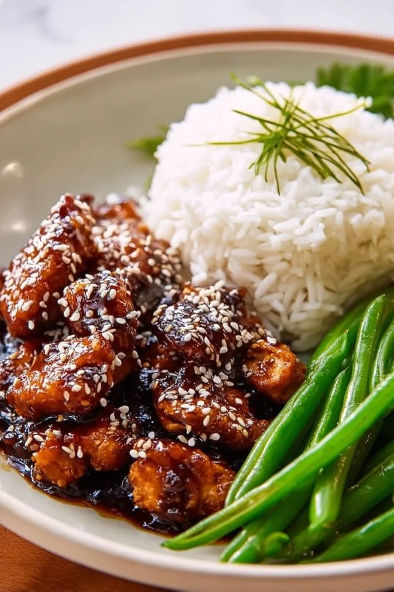 High protein sesame chicken dish garnished with sesame seeds and green onions