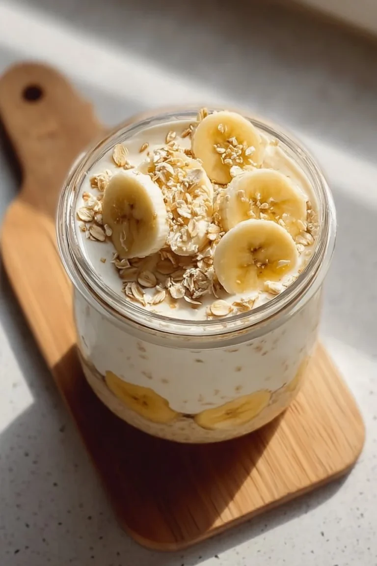 Delicious Banana Cream Pie Overnight Oats in a glass bowl topped with banana slices.