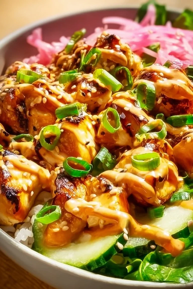 Delicious Bang Bang Chicken Bowl with spicy sauce and fresh veggies