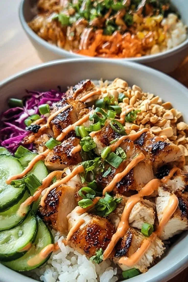 Delicious Bang Bang Chicken Bowl topped with spicy sauce and colorful vegetables