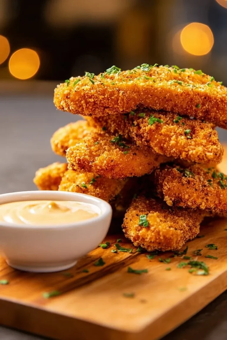 Crispy air fryer chicken strips served with dipping sauce.
