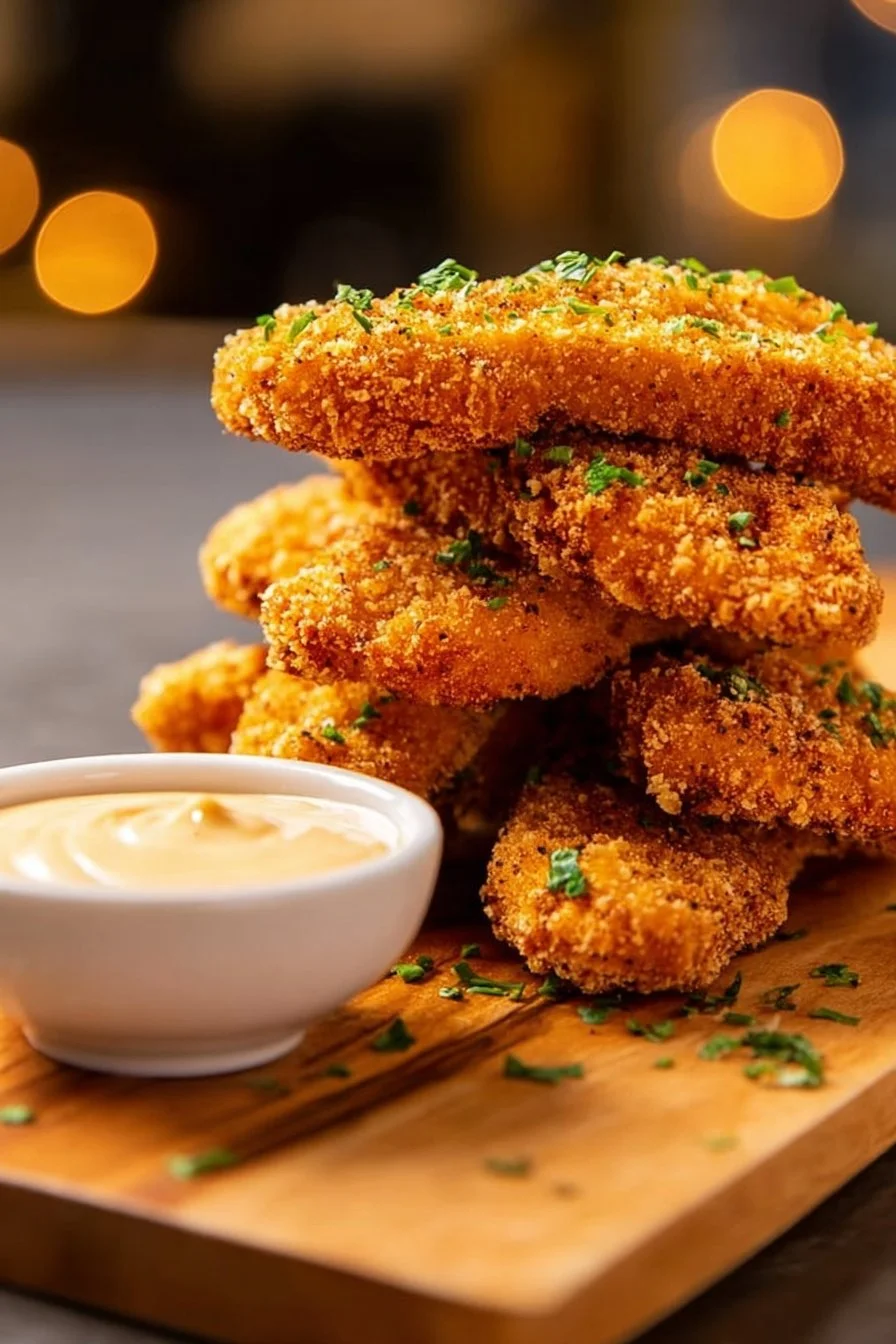 Crispy air fryer chicken strips served with dipping sauce.