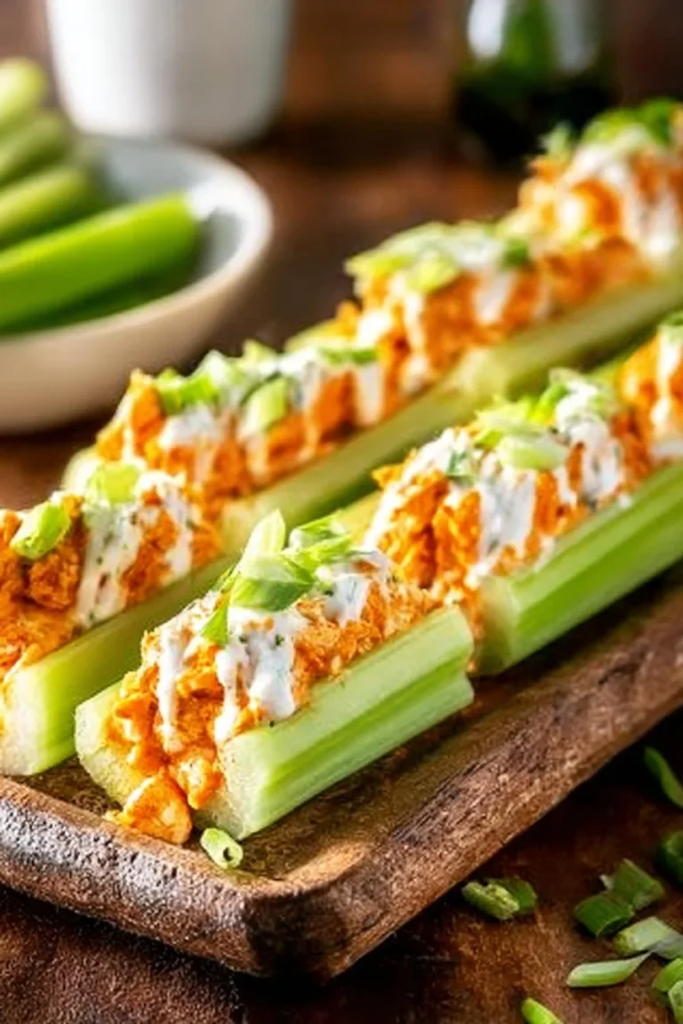 Buffalo Chicken Celery Sticks served on a plate garnished with celery and blue cheese dressing.