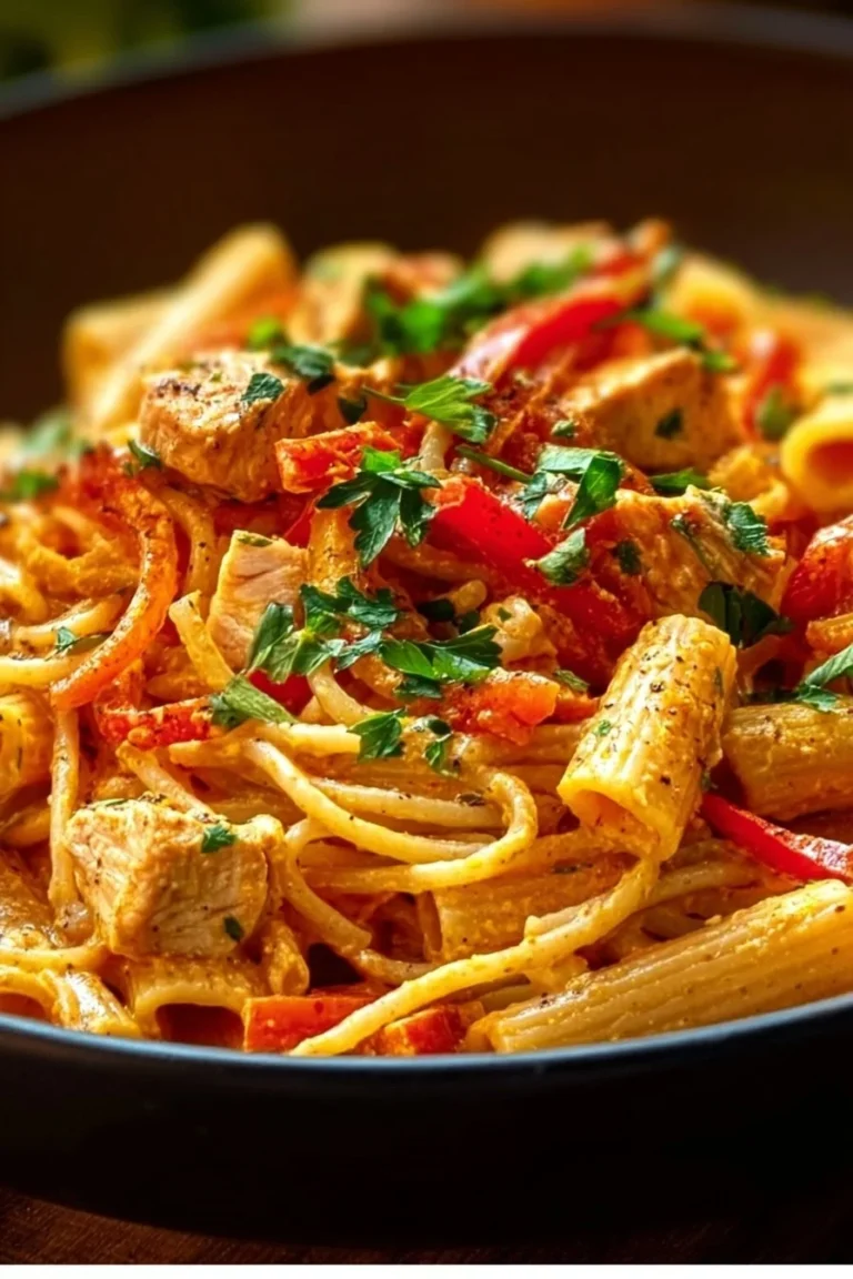 Delicious plate of Cajun Chicken Pasta with creamy sauce and spices.