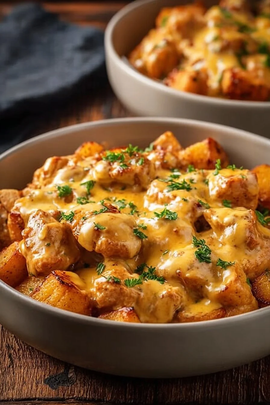 Cheesy Chicken and Potatoes dish served in a bowl