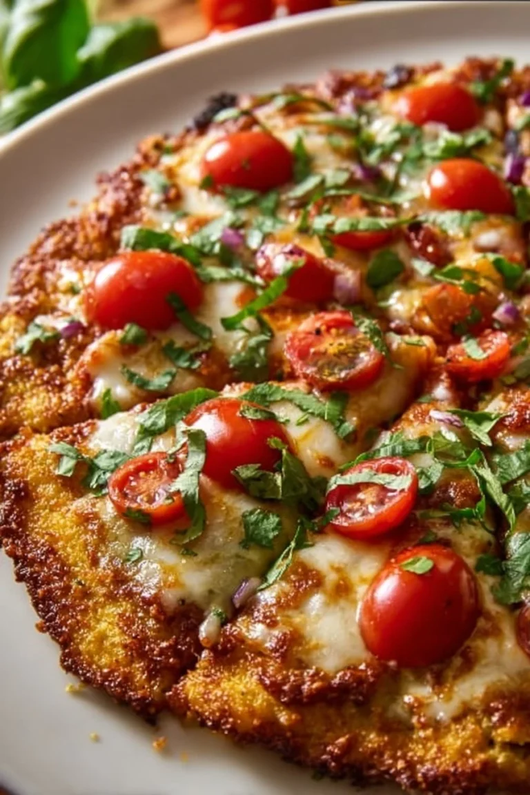 Delicious Chicken Crust Pizza with toppings on a wooden board