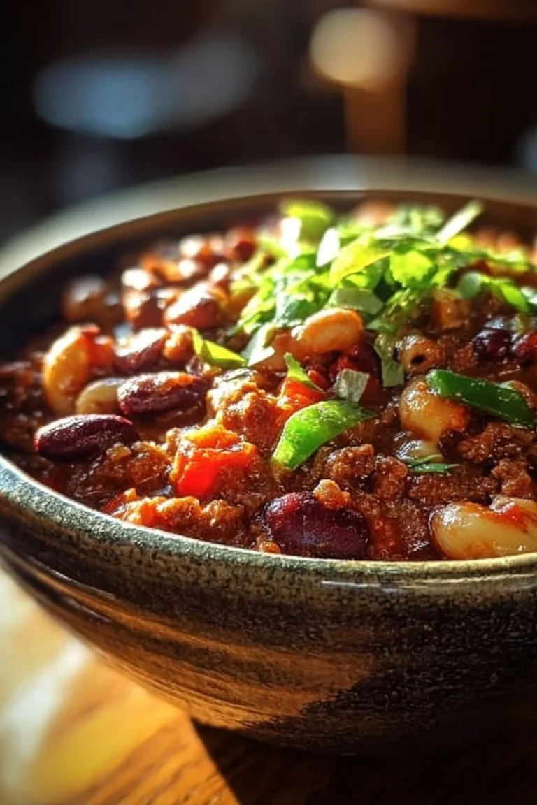 Bowl of Chili Mac and Cheese topped with cheese and herbs