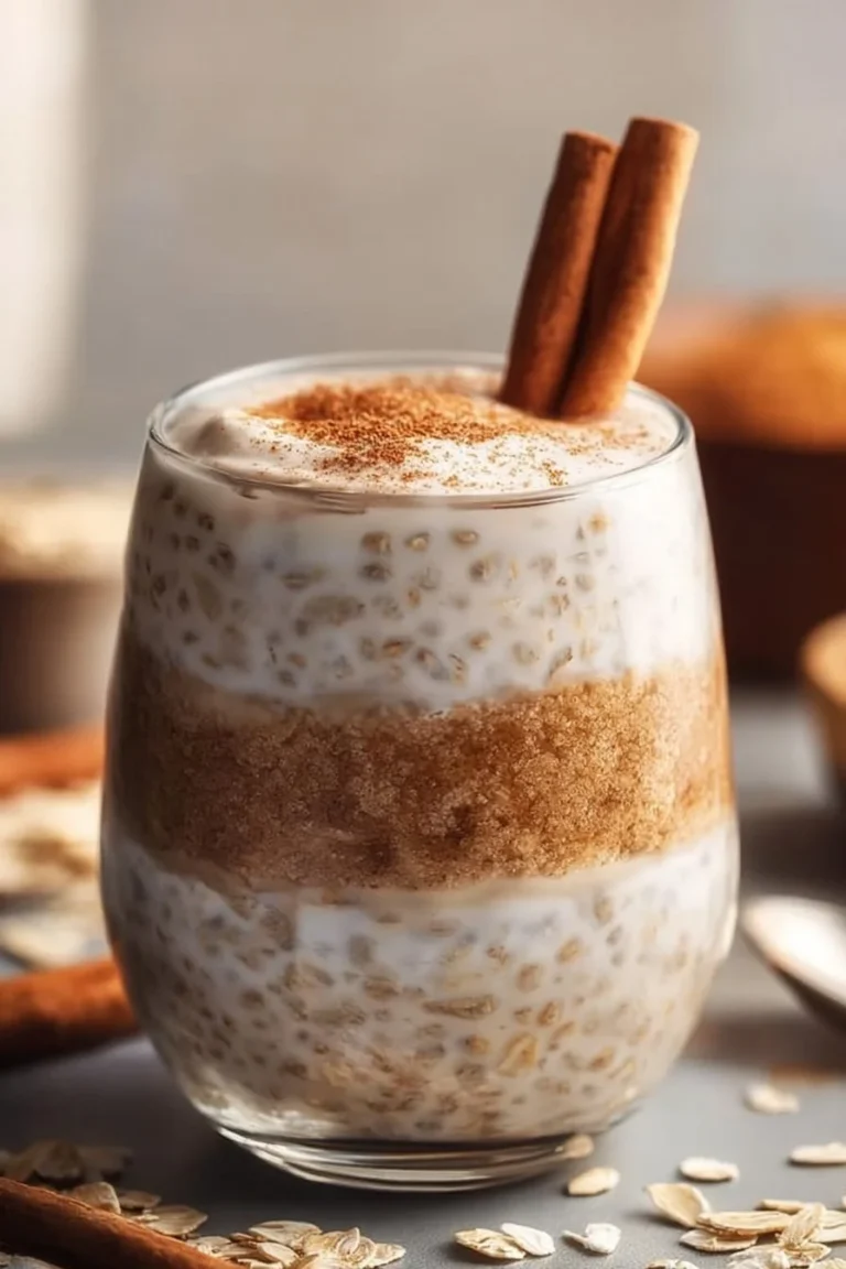 Bowl of delicious cinnamon roll overnight oats topped with cinnamon and nuts.