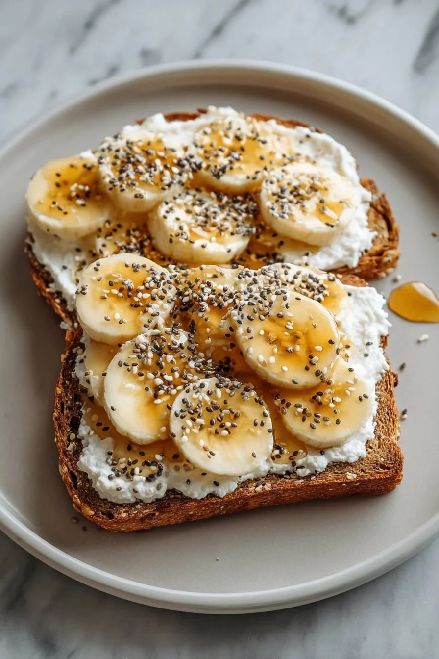 Delicious Cottage Cheese and Banana Toast topped with sliced bananas.