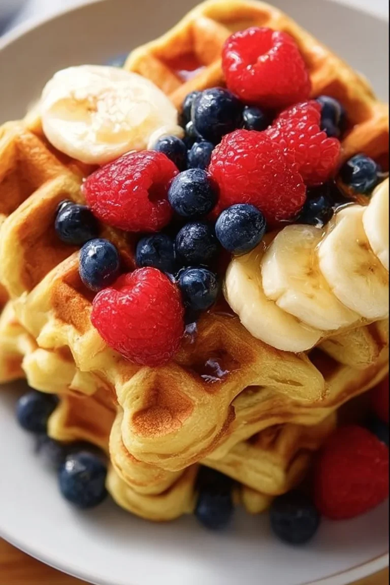 Fluffy cottage cheese waffles topped with fresh fruits and maple syrup