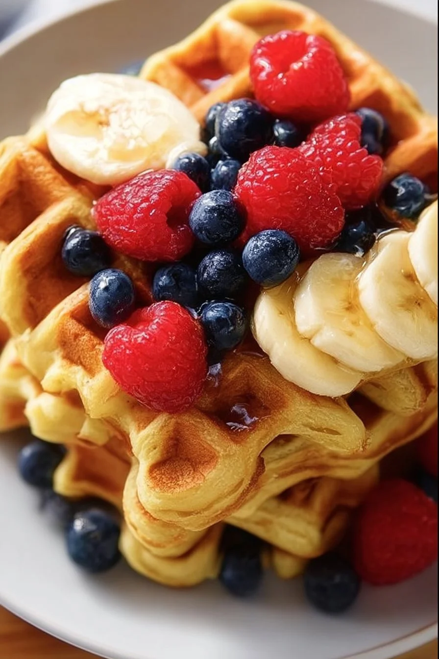 Fluffy cottage cheese waffles topped with fresh fruits and maple syrup