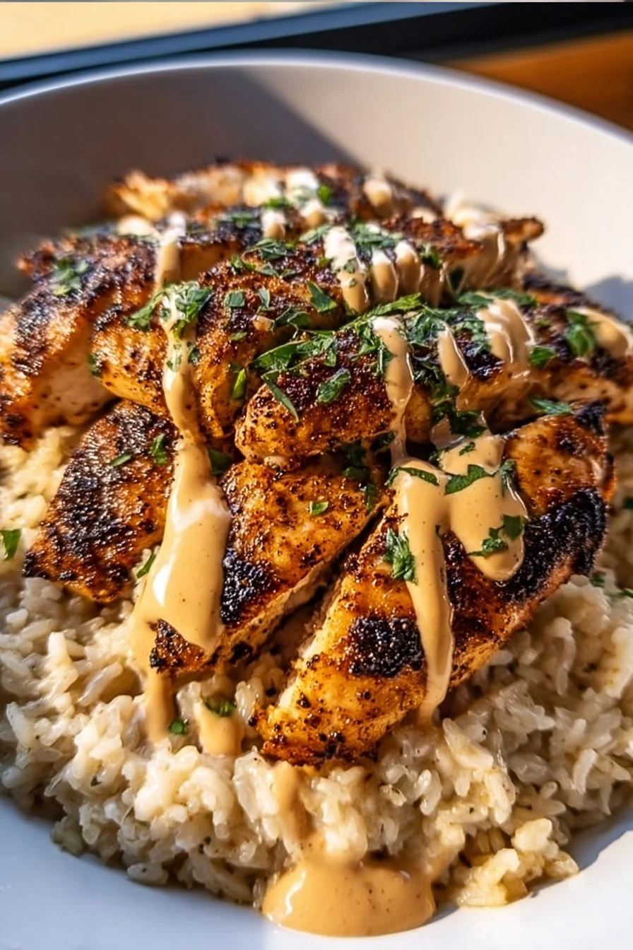 Creamy Cajun chicken dish with garlic rice, perfect for a high protein meal.