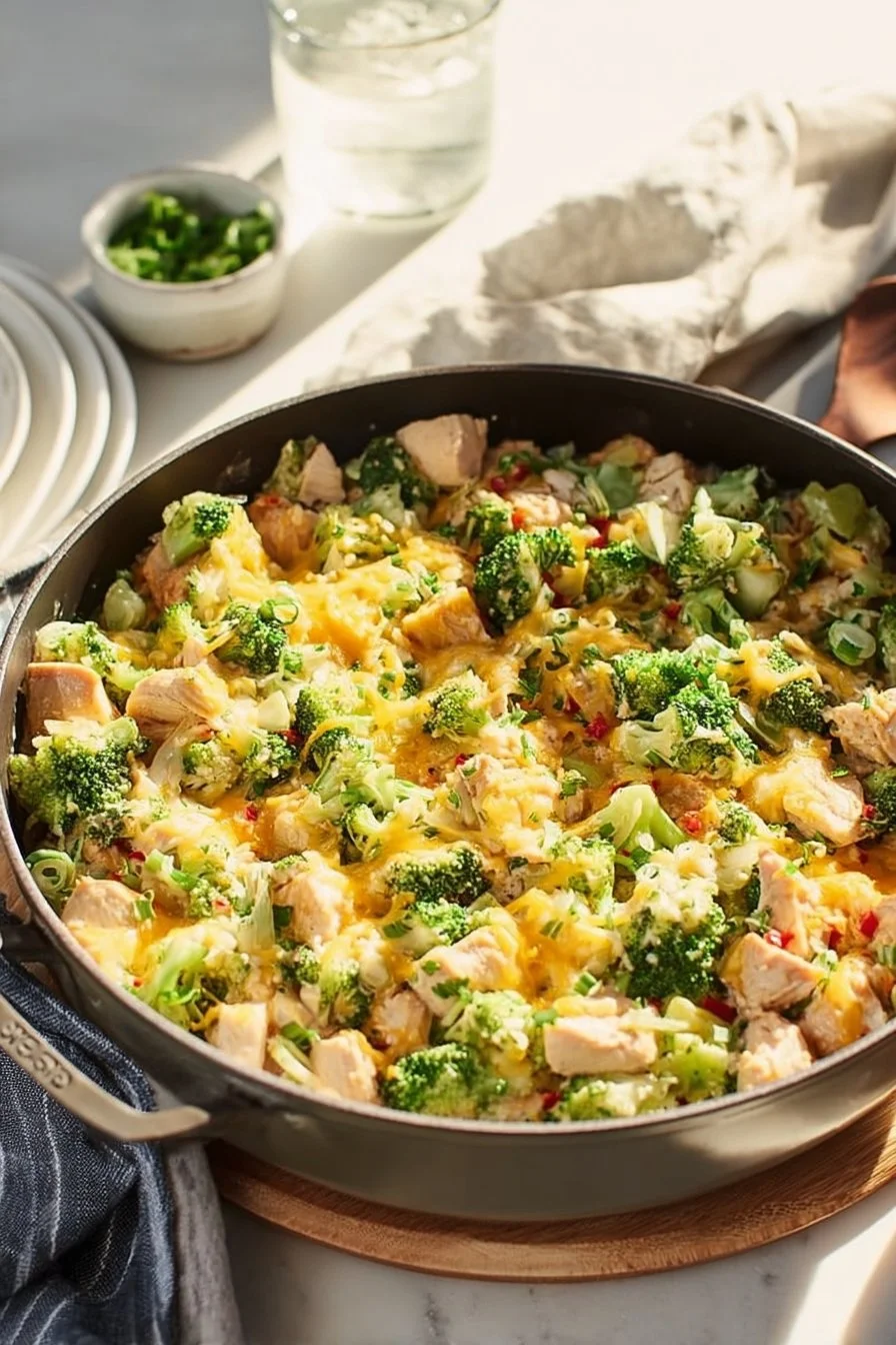 Creamy chicken casserole with broccoli and rice baked in a casserole dish