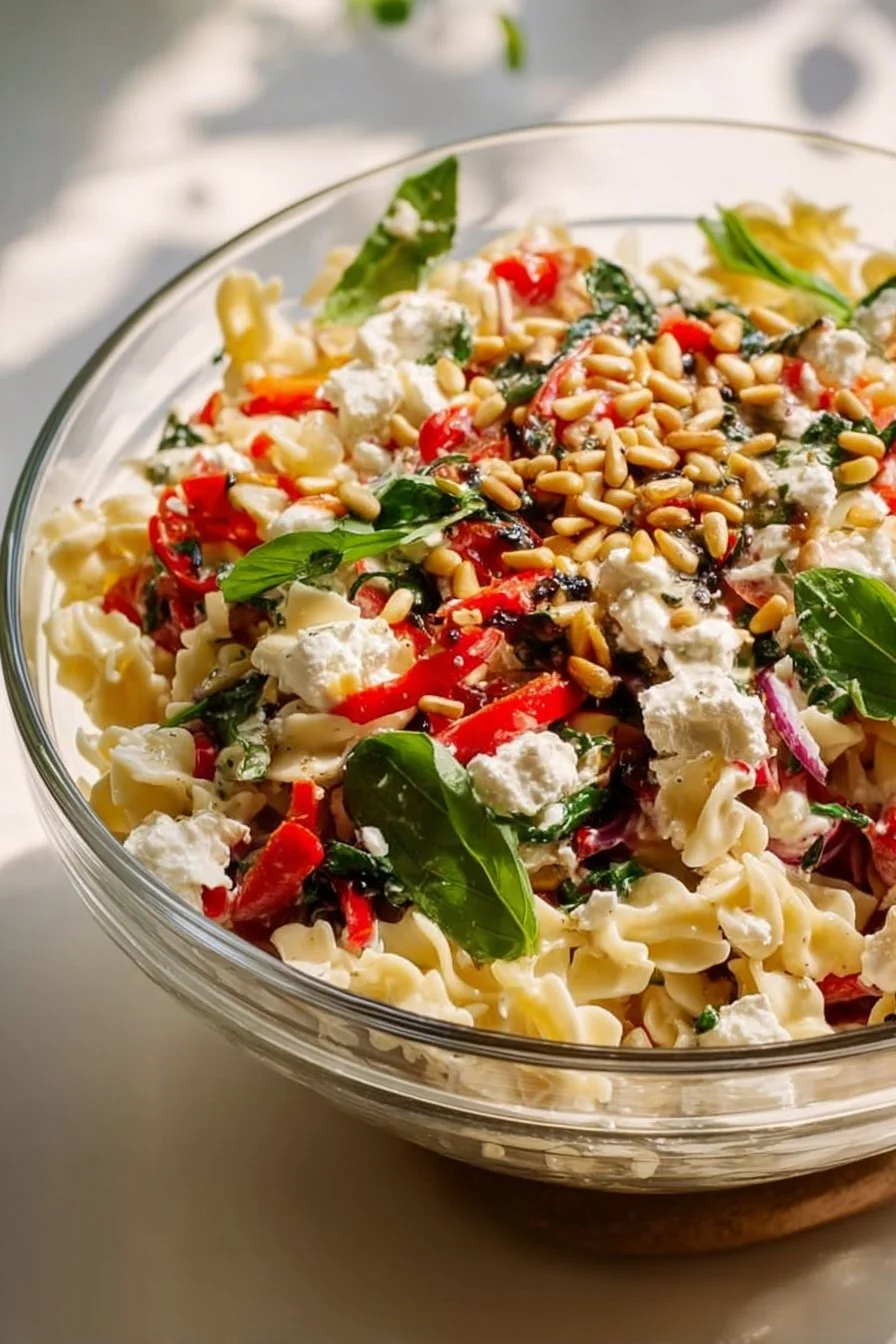 Creamy cottage cheese pasta salad with fresh vegetables and herbs