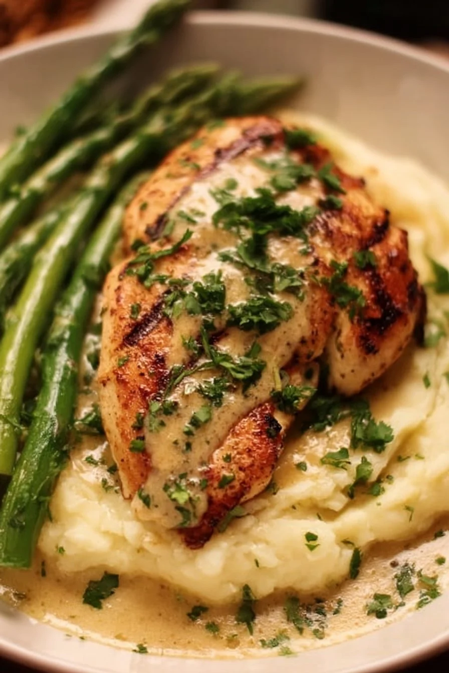Creamy garlic parmesan chicken served with herbs and cheese on a plate