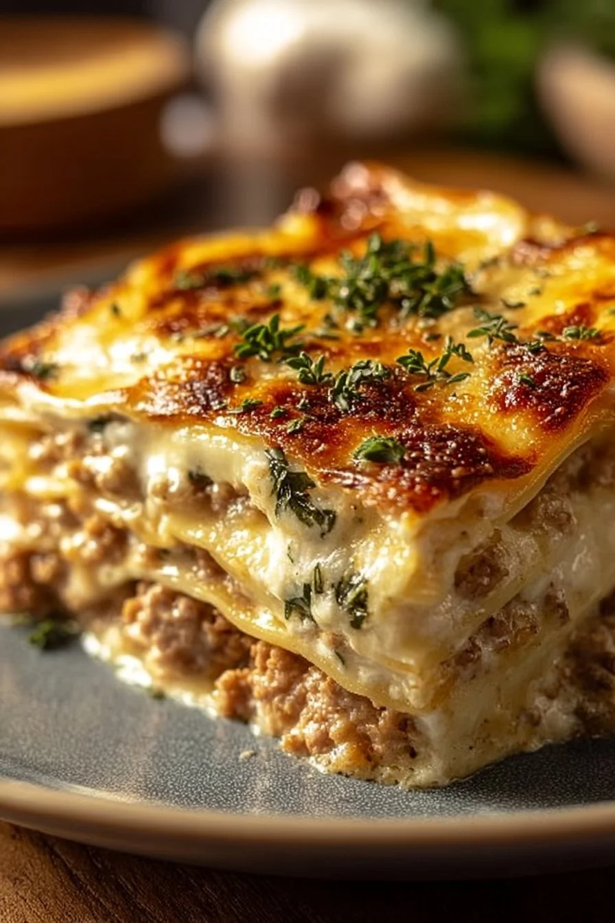 A slice of creamy white keto lasagna served on a plate, garnished with herbs.
