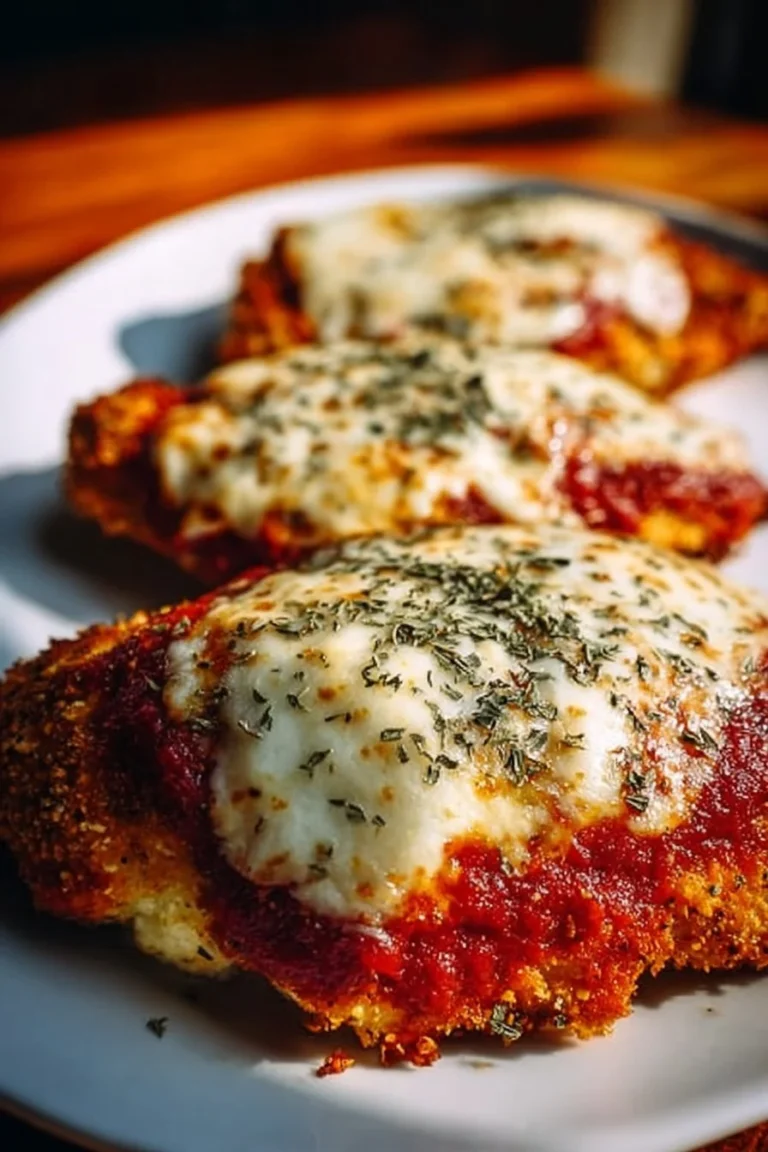 Crispy Chicken Parmesan served with marinara sauce and herbs