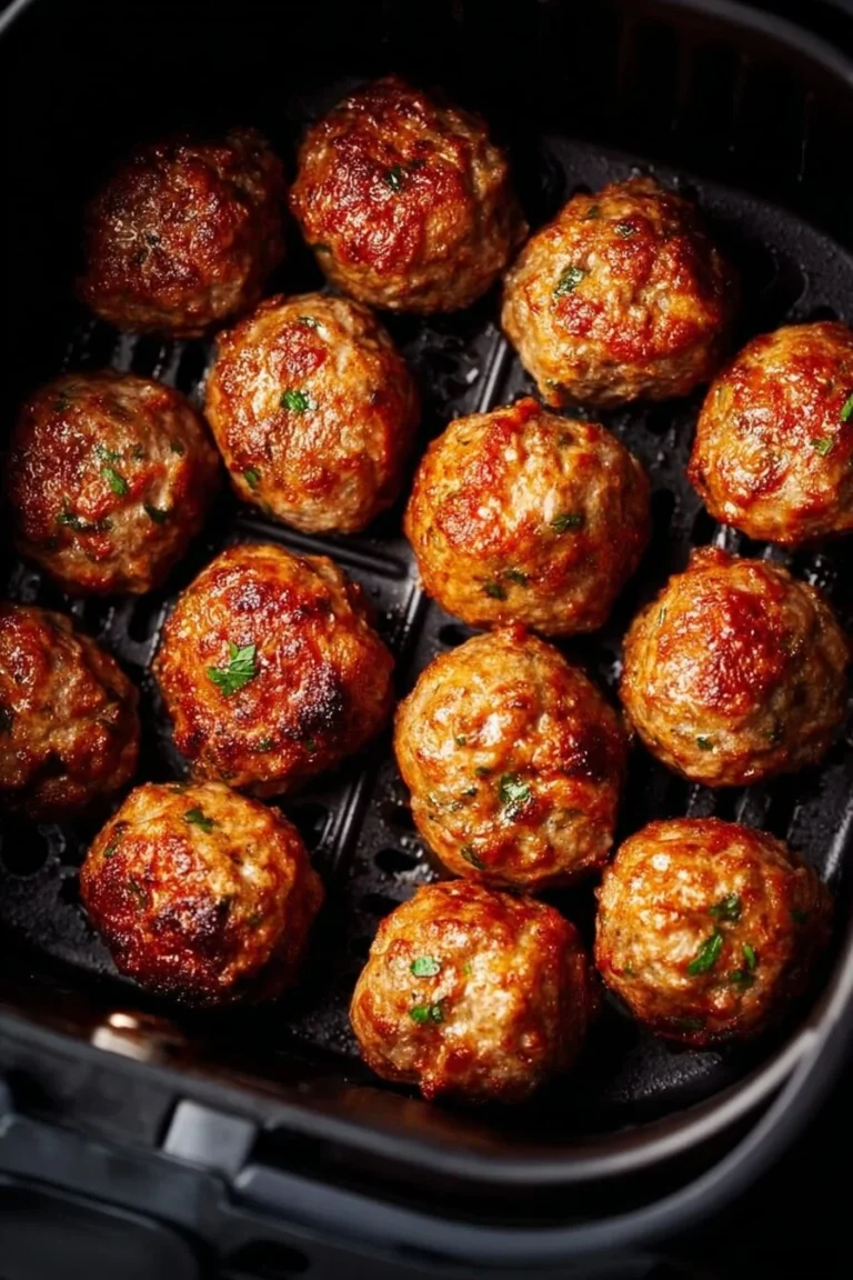 Plate of easy air fryer low carb meatballs garnished with herbs