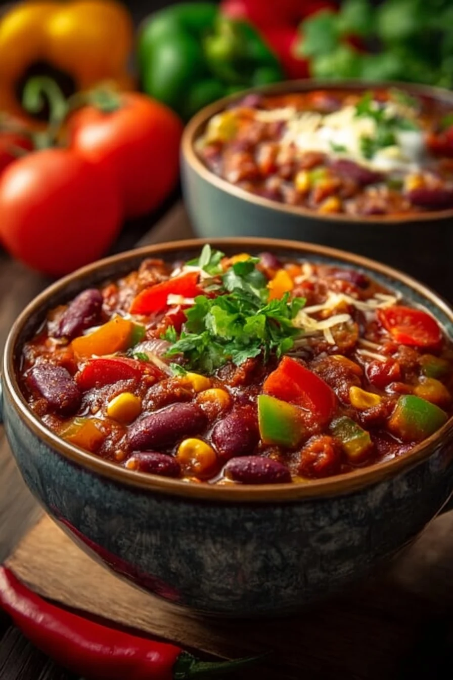 Bowl of easy vegan chili topped with fresh herbs and avocado