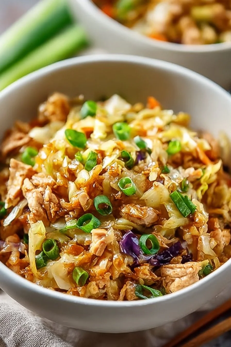 Delicious egg roll bowls with chicken and cabbage served in a bowl.