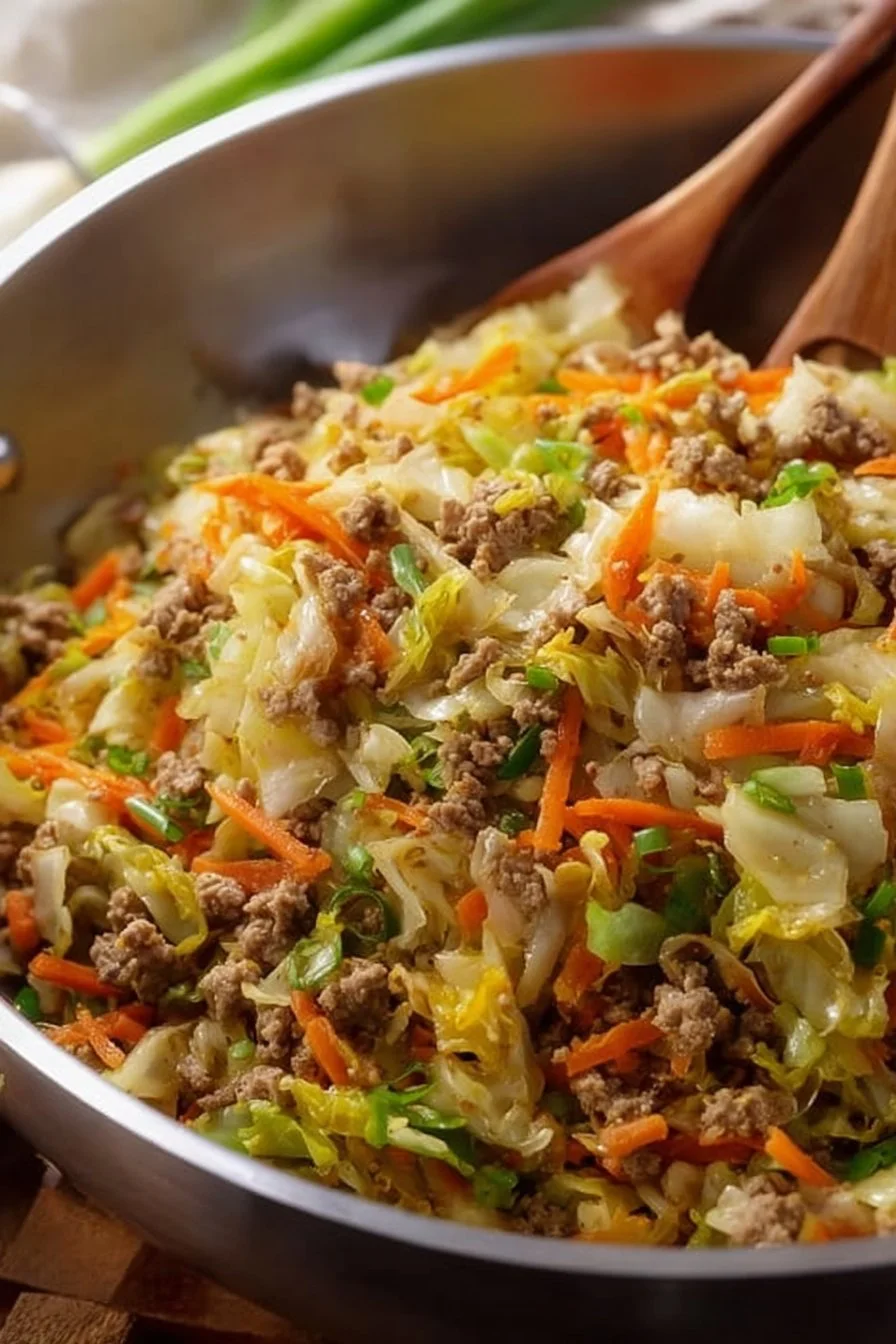 Bowl of delicious egg roll ingredients topped with fresh vegetables and sauce