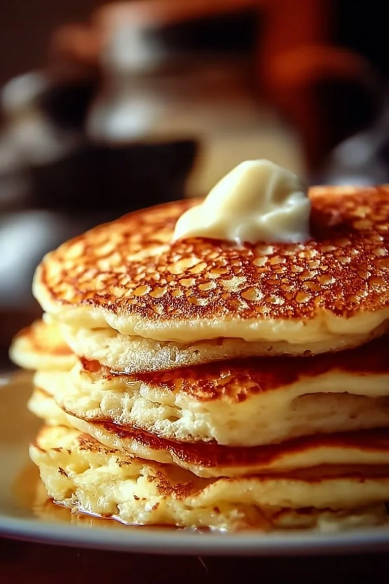 Flourless cottage cheese pancakes stacked with fresh fruits