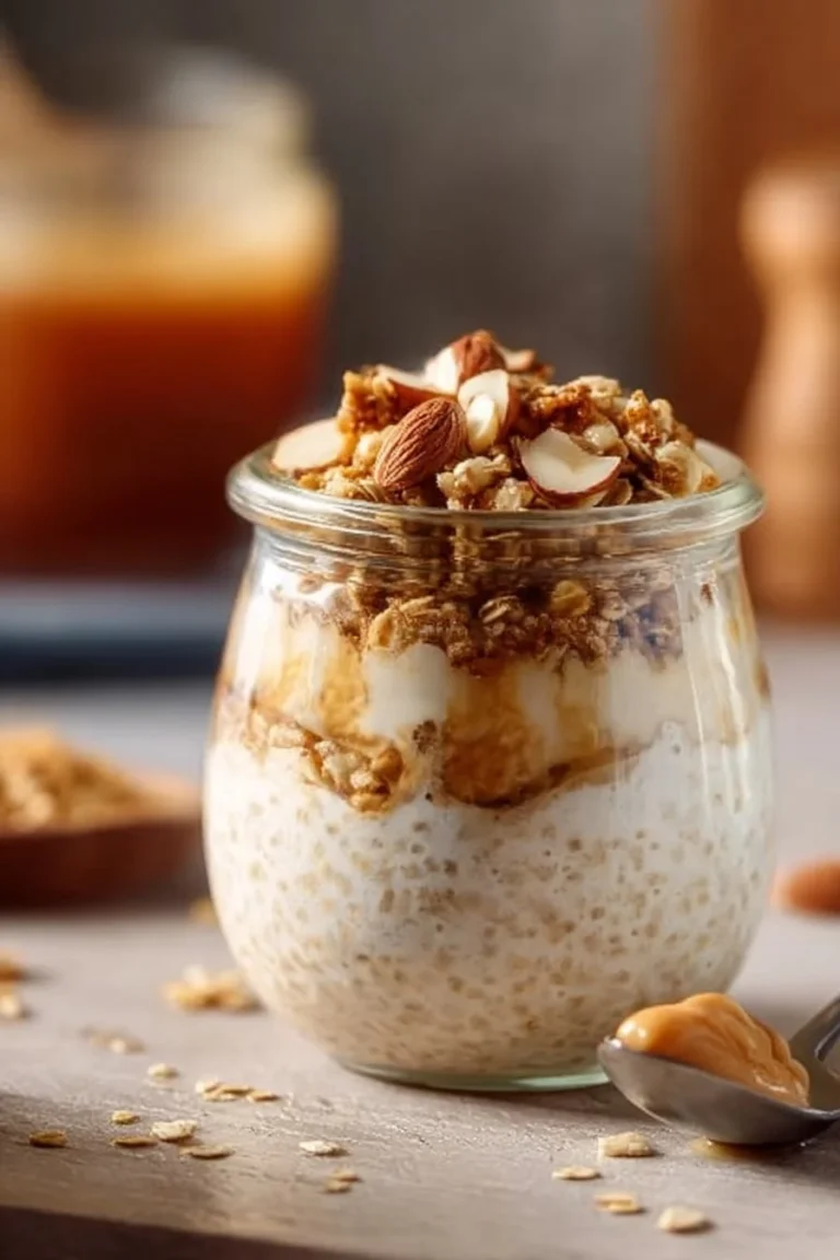 Delicious French toast overnight oats topped with fresh fruits and syrup