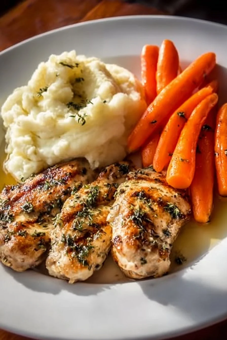 Garlic Herb Chicken served with creamy mashed potatoes and glazed carrots