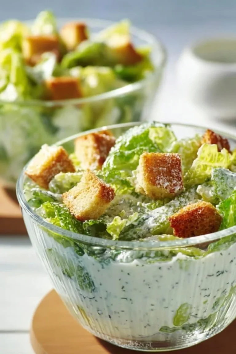 High Protein Caesar Dressing in a bowl garnished with herbs