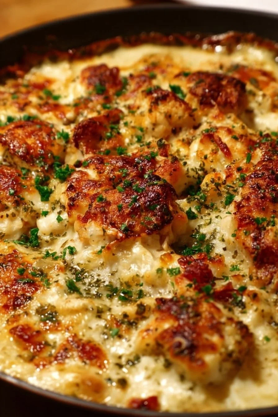 High Protein Chicken Bake dish garnished with herbs and served on a plate