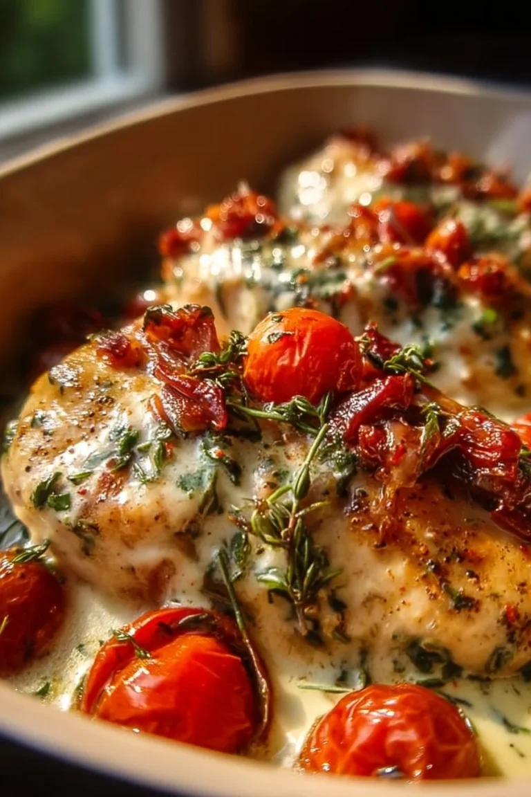 High protein chicken bake dish served on a plate, featuring vegetables and herbs.