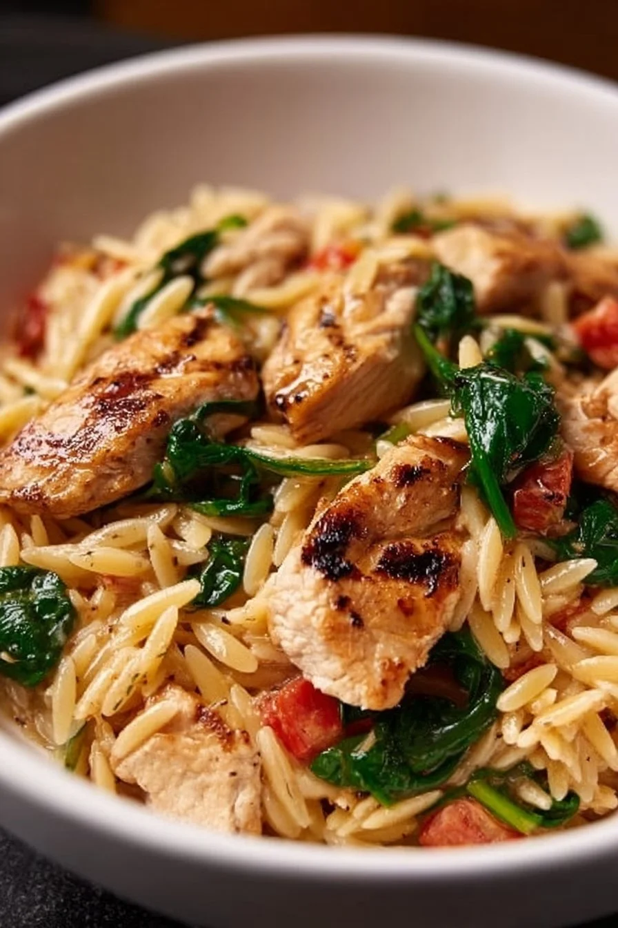 High protein chicken orzo dish with colorful vegetables and herbs