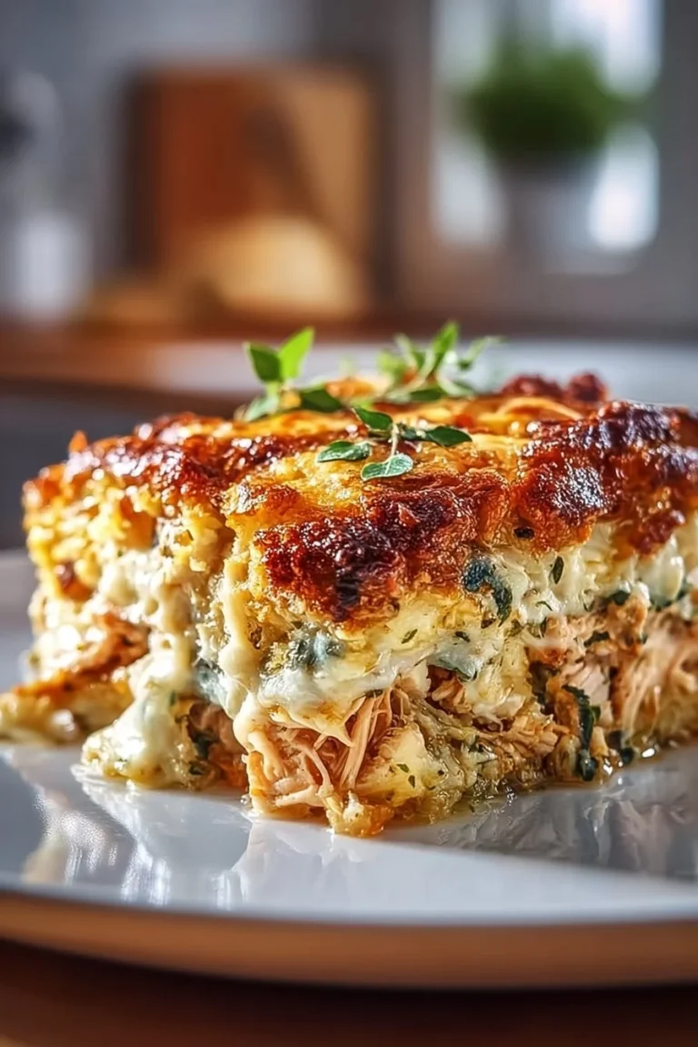 High protein chicken zucchini bake topped with cheese and fresh herbs