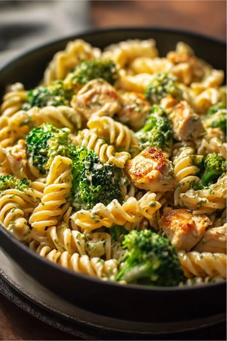 Creamy chicken broccoli pasta dish garnished with herbs