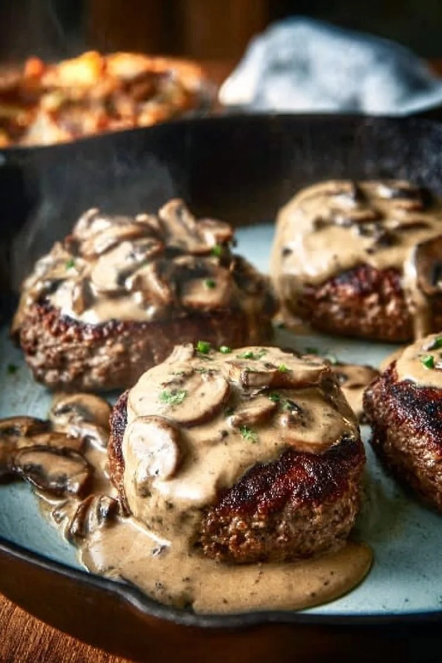Keto Burger Steak served with savory mushroom gravy on a plate