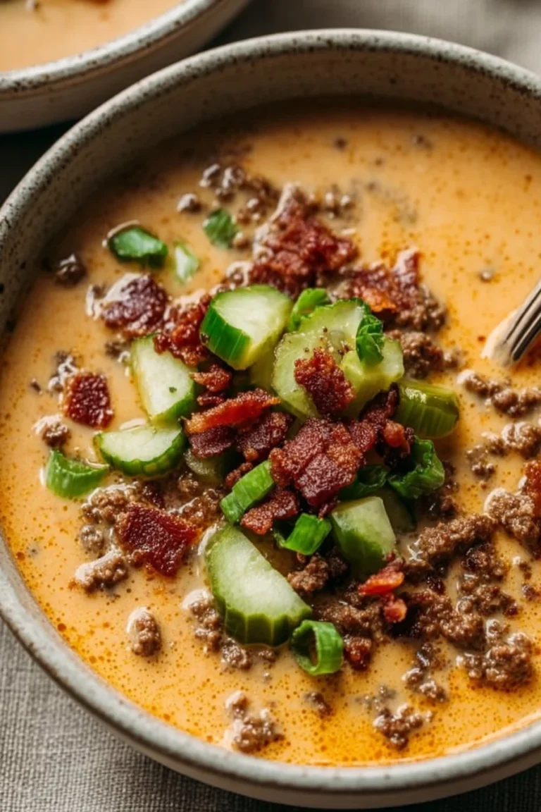 Delicious Keto Cheeseburger Soup served in a bowl with toppings.