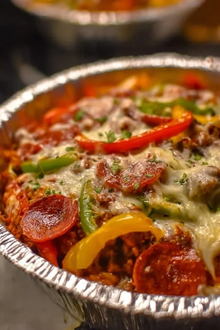 Delicious crustless Keto pizza bowl topped with cheese and vegetables