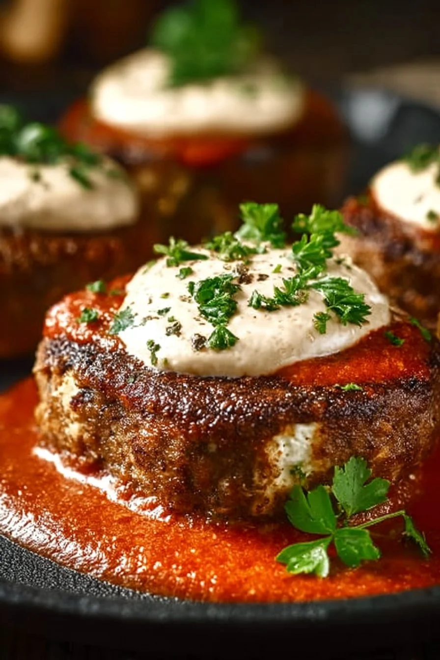 Delicious Keto Feta Burgers with Tomato Cream sauce served on a plate