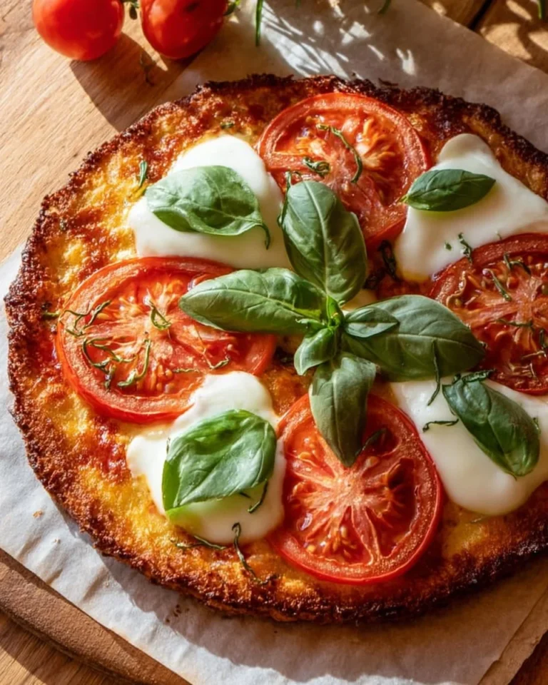 Keto-friendly Margherita Pizza topped with fresh basil, tomatoes, and mozzarella cheese.