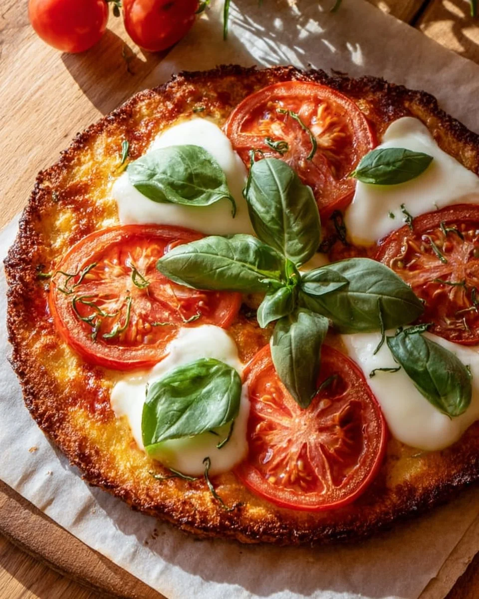 Keto-friendly Margherita Pizza topped with fresh basil, tomatoes, and mozzarella cheese.
