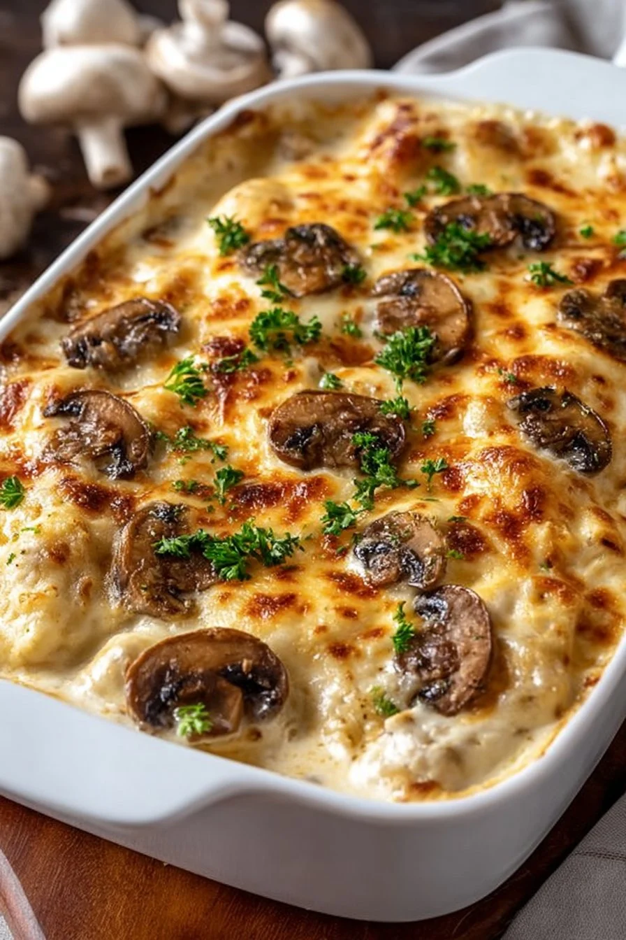 Delicious Keto Garlic Mushroom Chicken Casserole served in a baking dish.