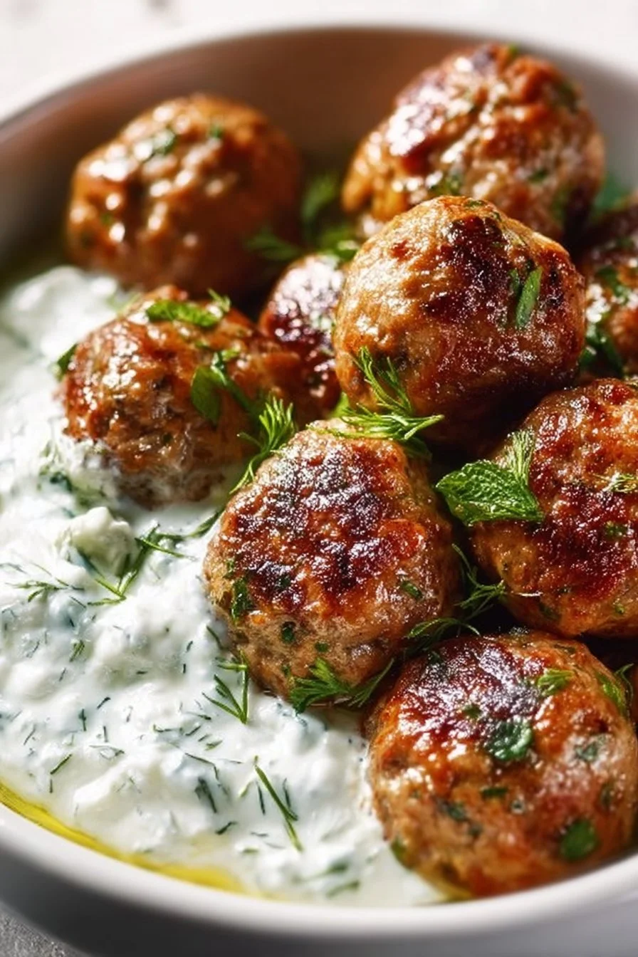 Delicious Keto Greek Meatballs (Keftedes) served with herbs and spices