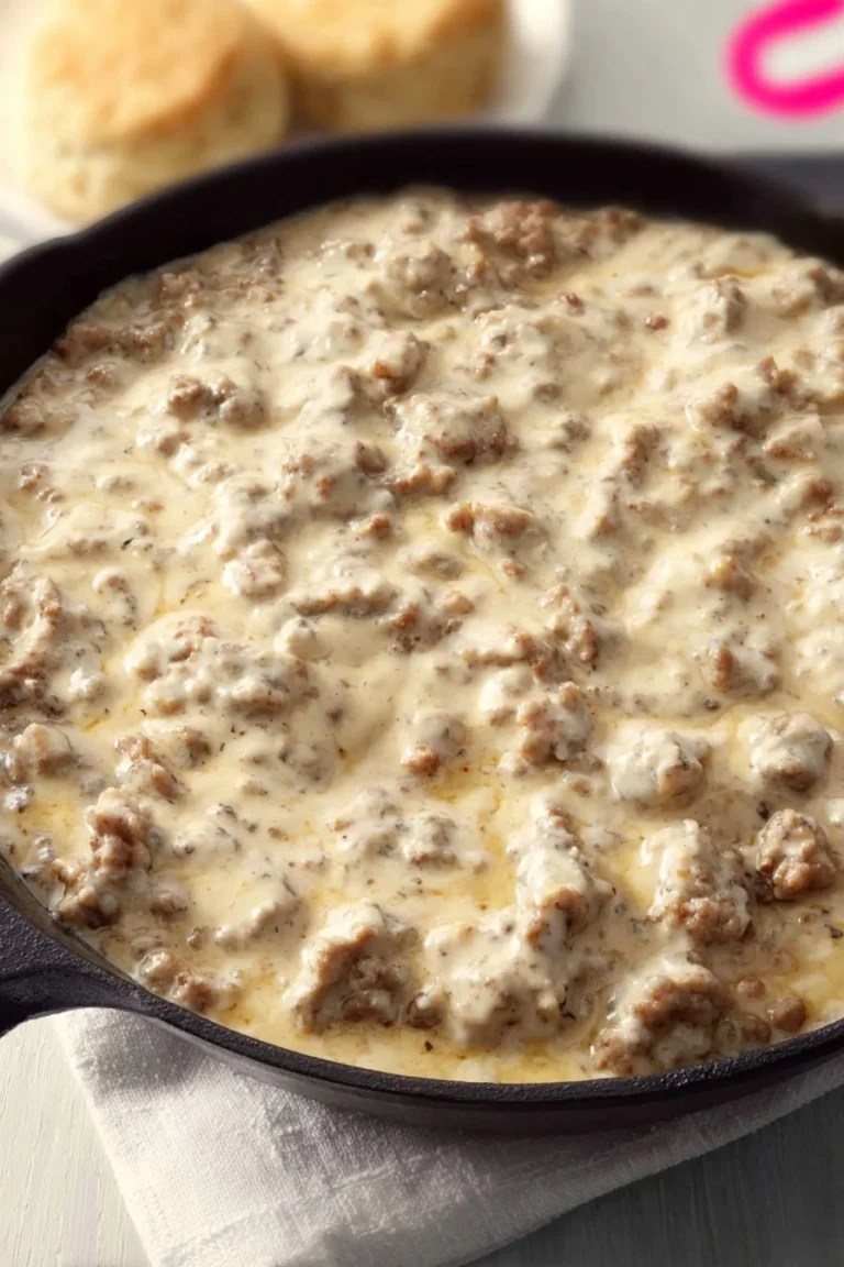 Delicious keto sausage gravy served over low-carb biscuits