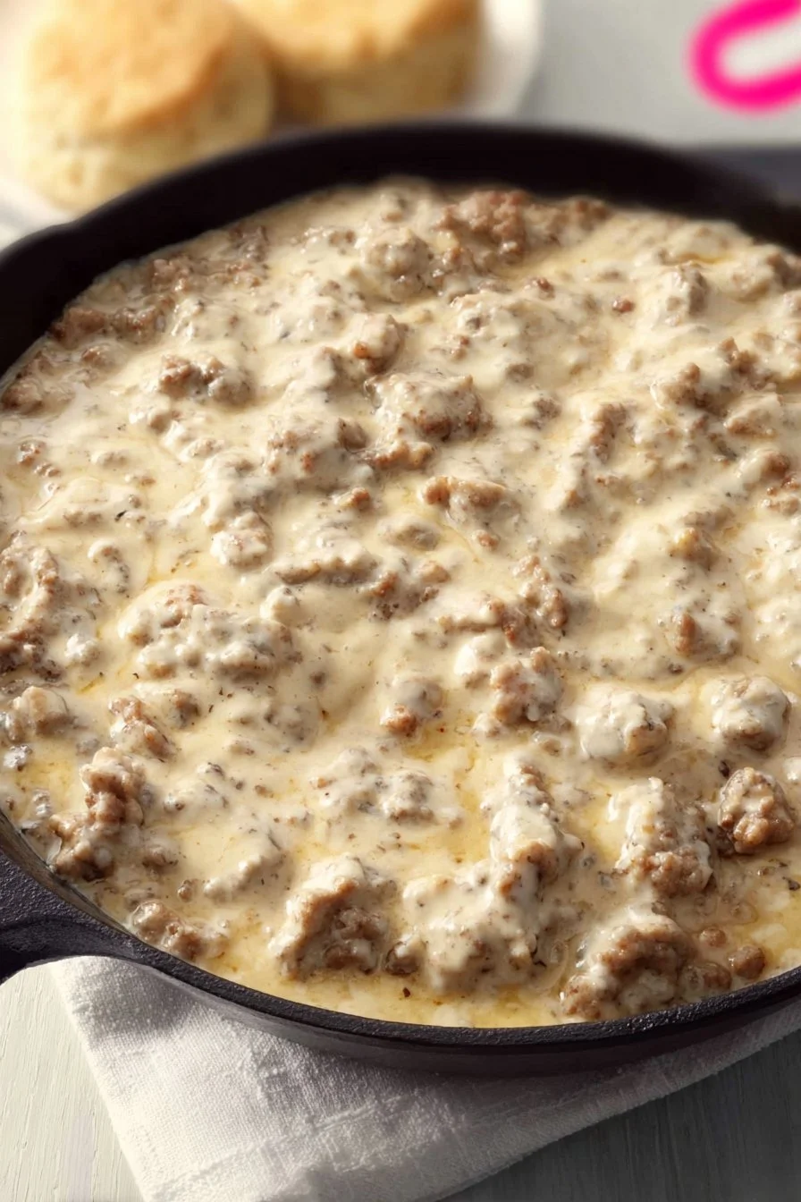 Delicious keto sausage gravy served over low-carb biscuits